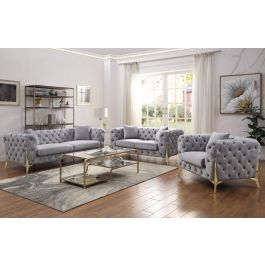 Kalmia Grey Tufted Velvet Sofa Gold Legs