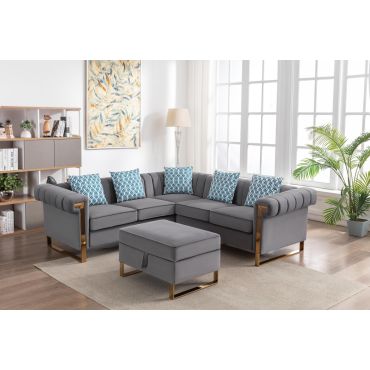 Amira Grey Velvet Sectional With Gold Legs