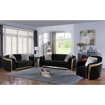 Deon Black Velvet Sofa Set With Gold Accents