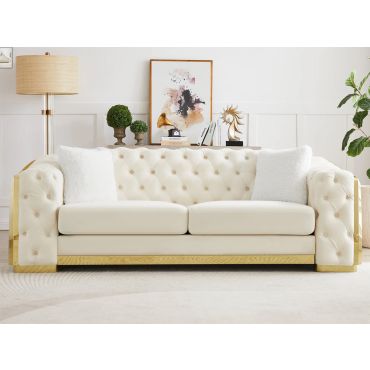 Deon Tufted Ivory Velvet Sofa Gold Accents