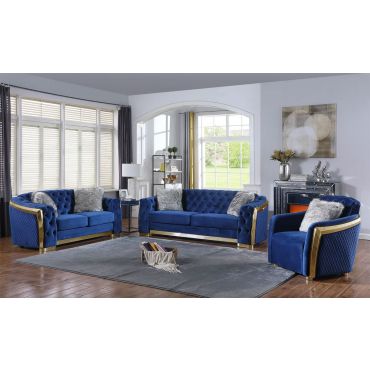 Deon Navy Blue Velvet Sofa Set Gold Trim