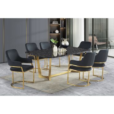 Haley Black Marble Dining Table Set With Gold Base