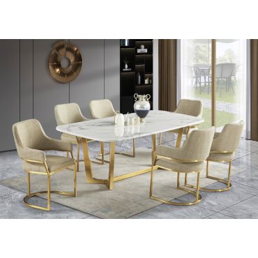 Haley White Marble Dining Table Set With Gold Base