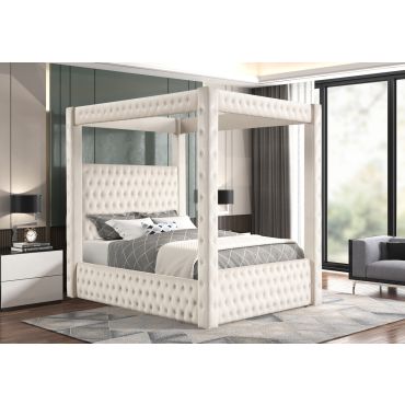 Ozark Canopy Bed Tufted Ivory Velvet