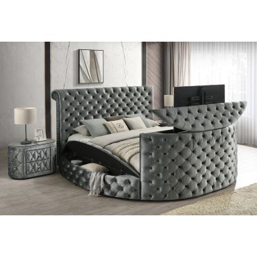 Panarea Grey Velvet TV Bed With Fireplace