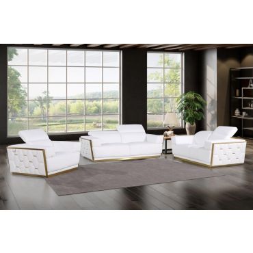 Rita White Italian Leather Sofa Set With Gold Trim