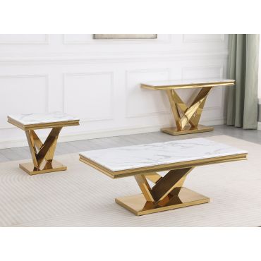 Savilla Marble Top Gold Coffee Table Set