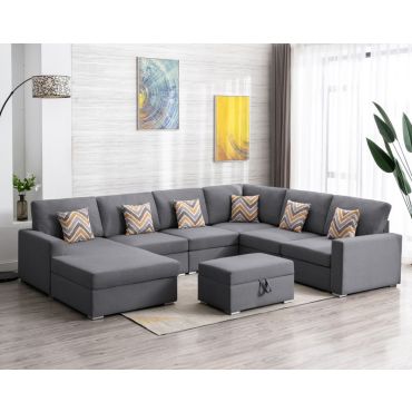 Tryna Grey Linen U-Shape Sectional With Ottoman