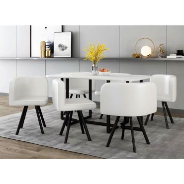 Watt 7-Piece Faux Marble Table Set With White Chairs