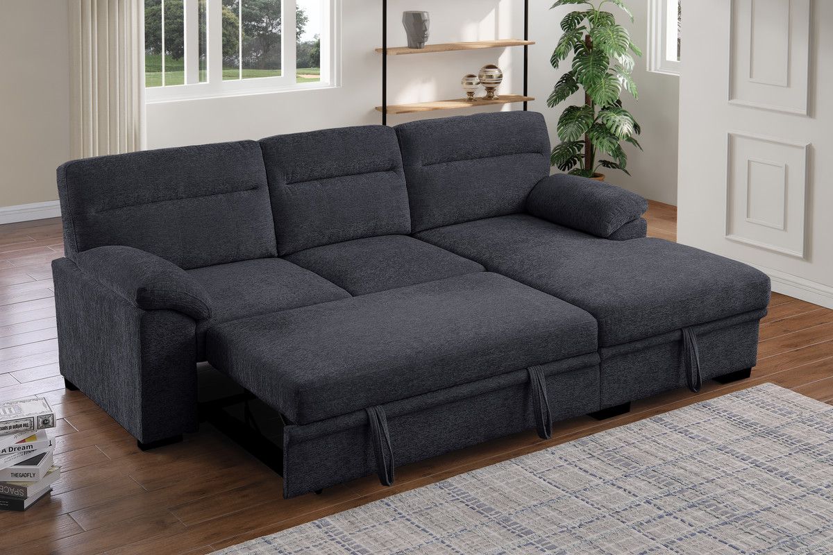 Alaina Charcoal Chenille Sectional Sleeper Open