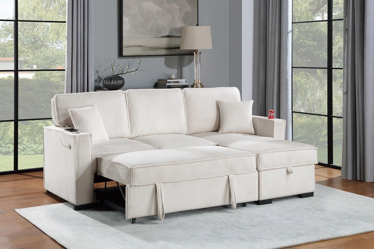 Amie Beige Corduroy Sectional Sleeper With Storage