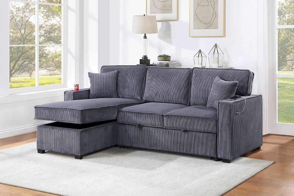 Amie Sectional Sleeper Grey Corduroy