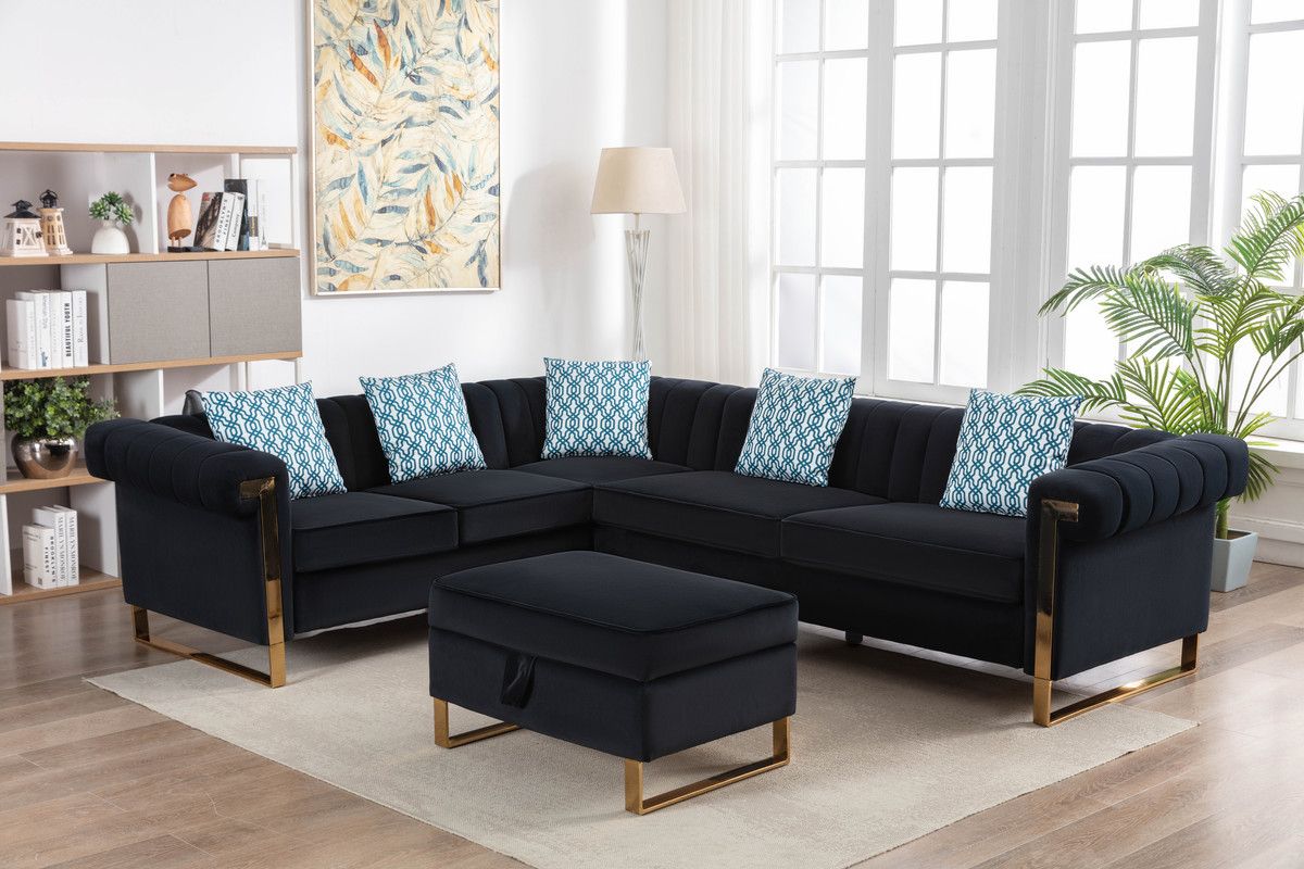 Amira Black Velvet 5-Seater Sectional Set