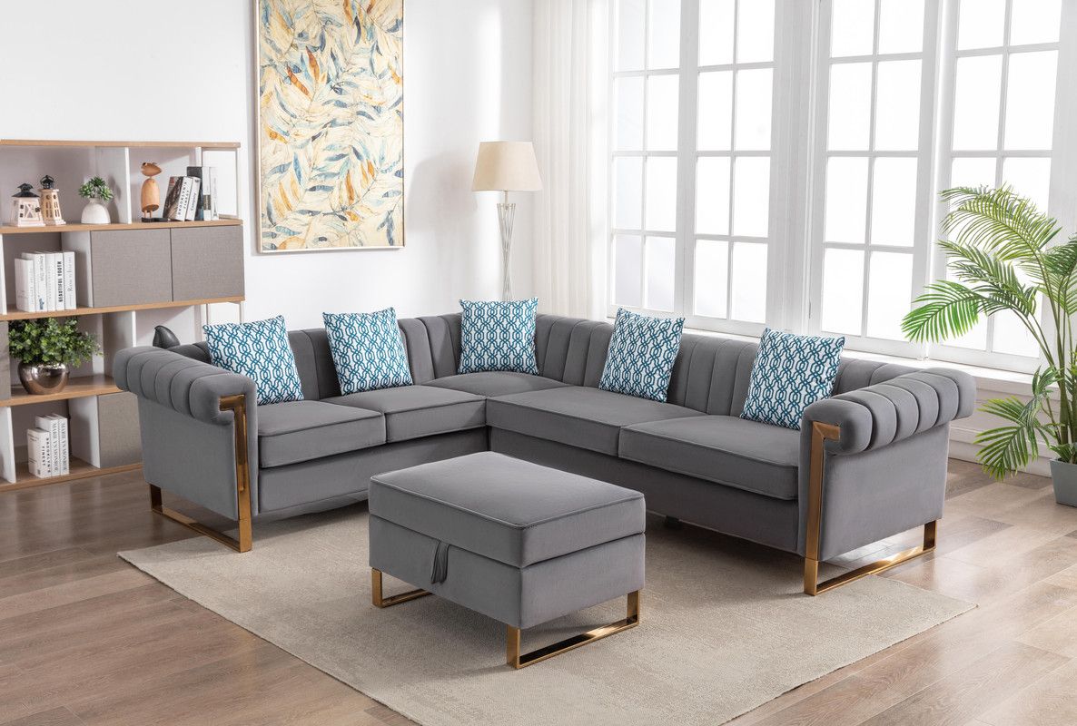 Amira Grey Velvet 5-Seater Sectional