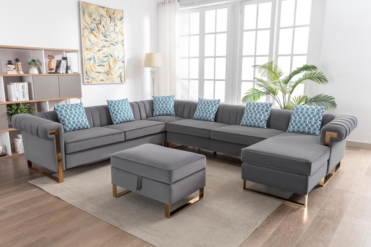 Amira Grey Velvet U-Shape Large Sectional