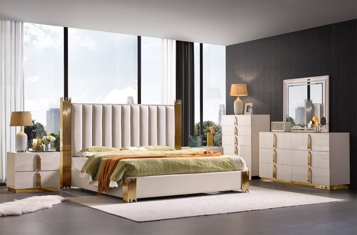 Amory Beige Leather Bed With Gold Accents