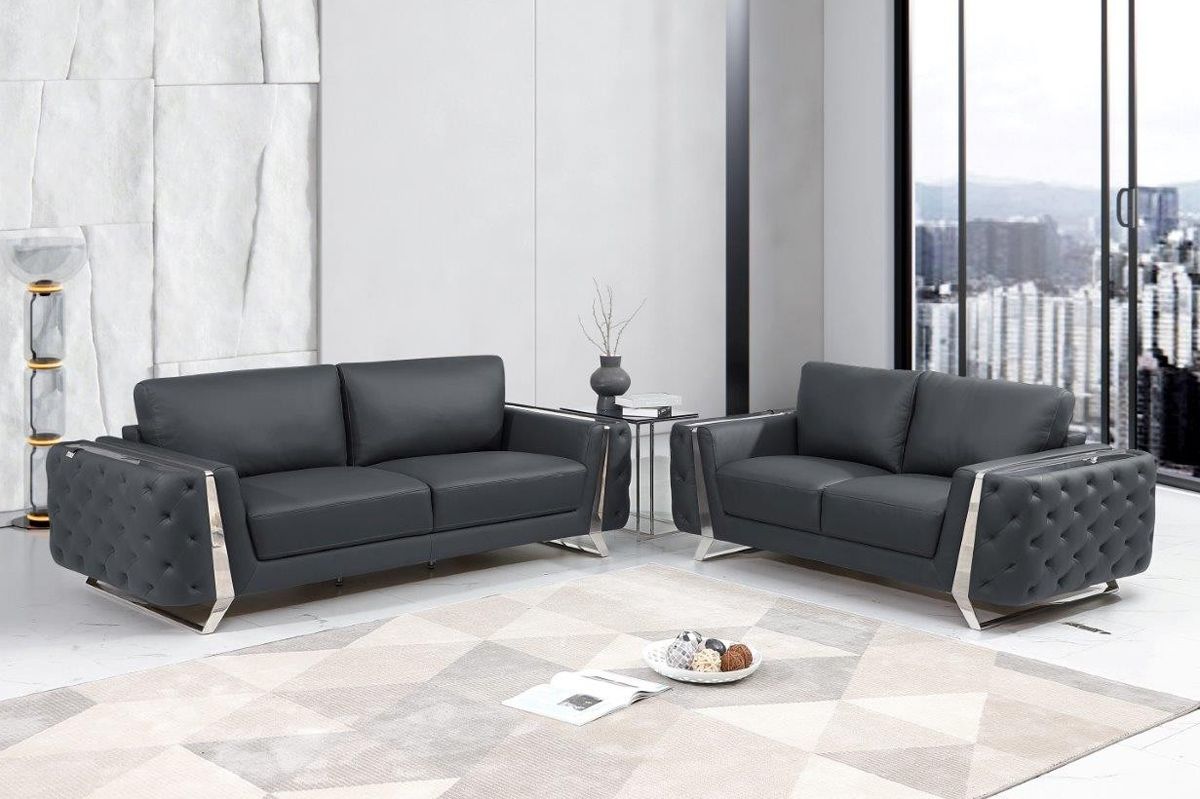 Ariana Grey Italian Leather Modern Sofa Set