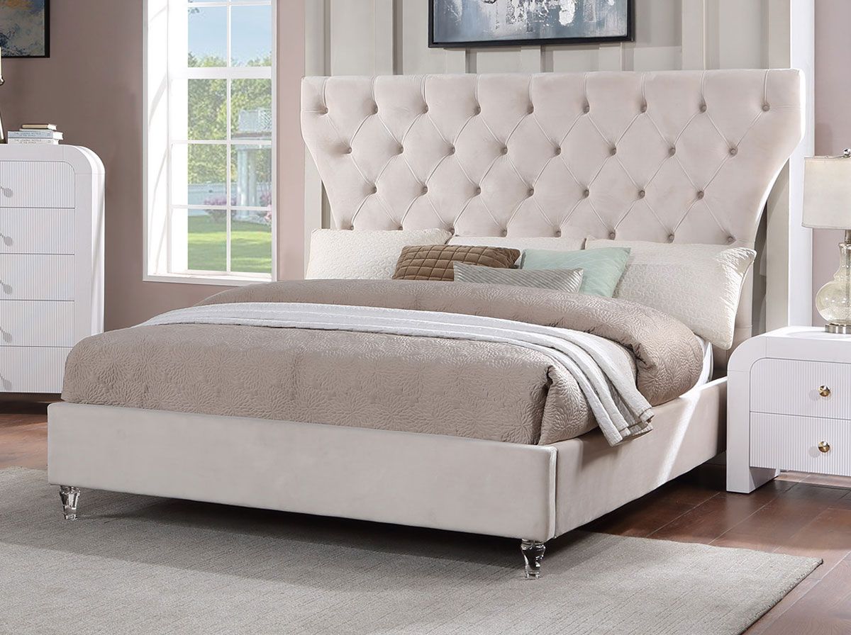 Artisto tufted beige velvet bed frame with acrylic legs