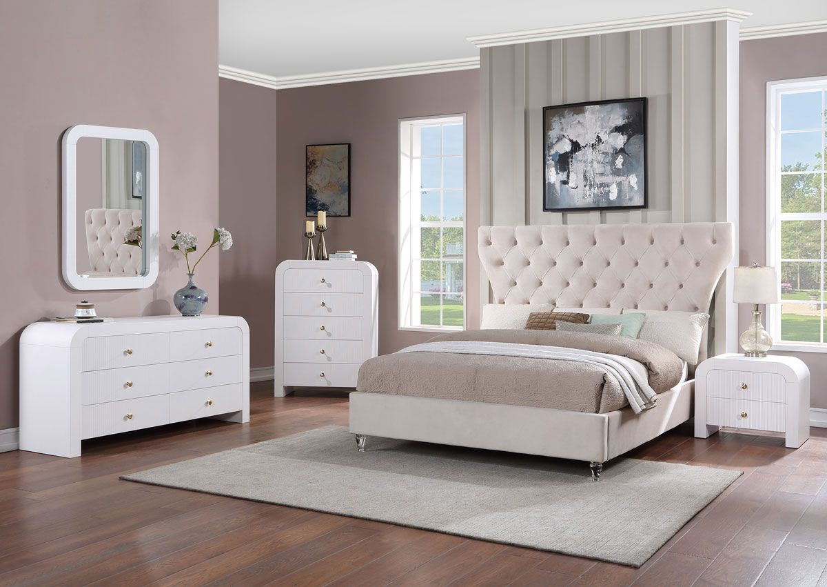 Artisto beige velvet bed frame with white finish night stands, dresser and chest