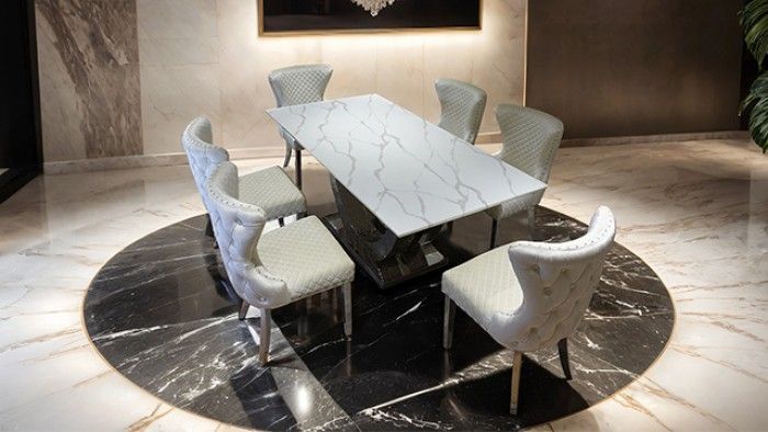 Azurine Marble Top Dining Table With White Chairs