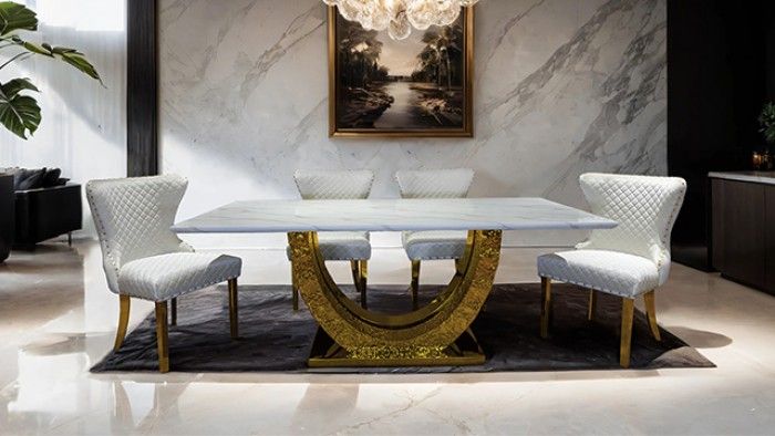 Azurine Marble Dining Table With White Chairs