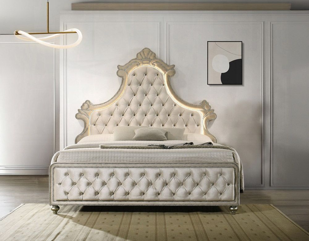 Beijing Beige Velvet Bed With LED Light