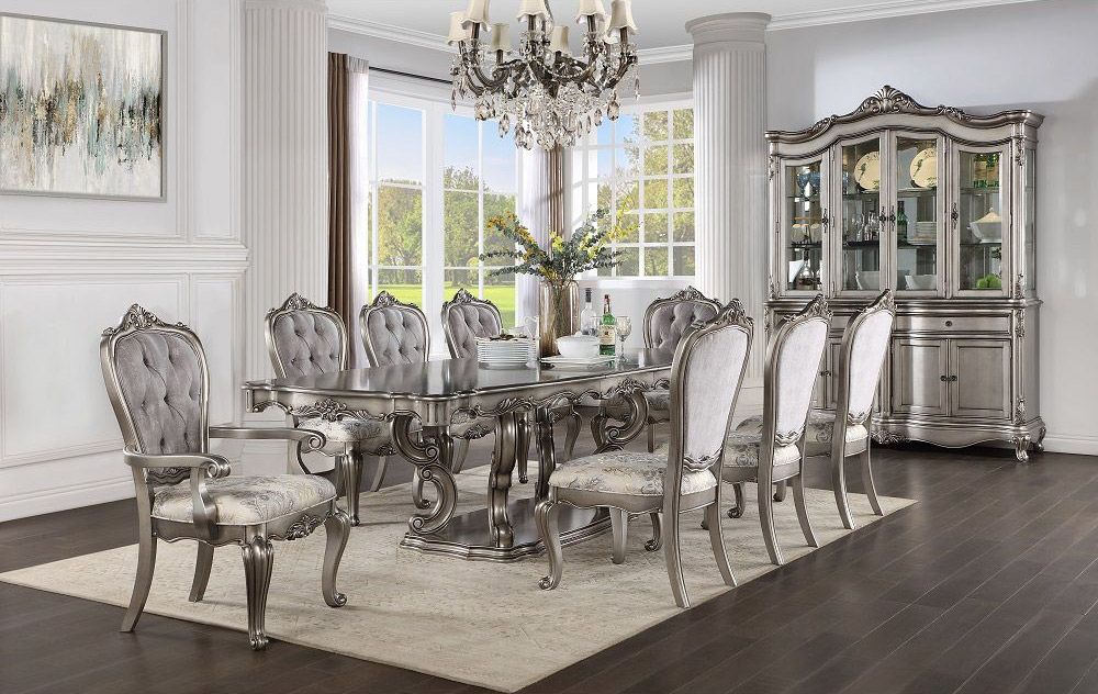 Berti Traditional Dining Table Set Platinum Finish