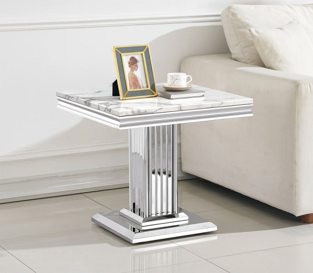 Bijou White Marble End Table Chrome