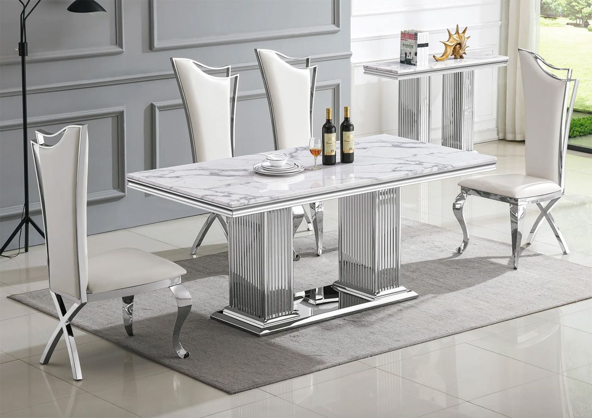 Bijou White Marble Top Dining Table Chrome Base