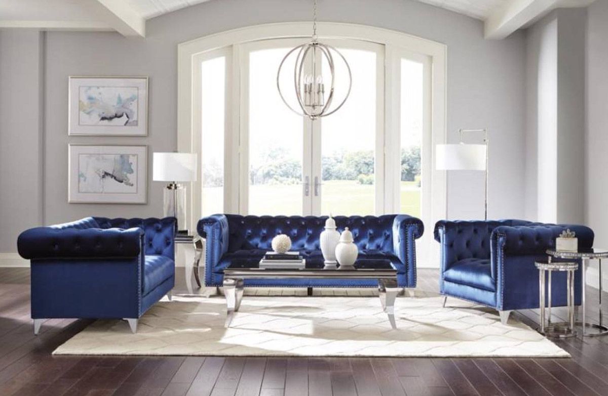 Boykin Blue Velvet Chesterfield Living Room Set