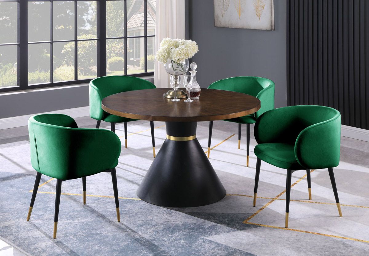 Brutus Round Dining Table With Green Chairs