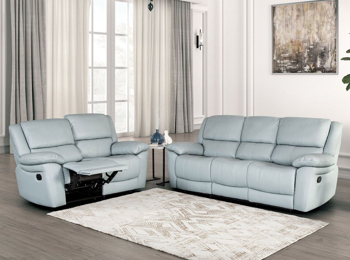 Cade Light Blue Leather Recliner Sofa