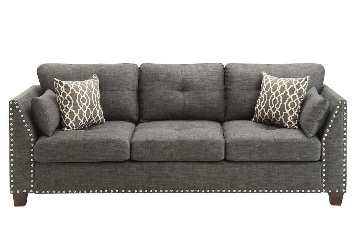 Caleb Grey Linen Sofa With Nailhead Trim