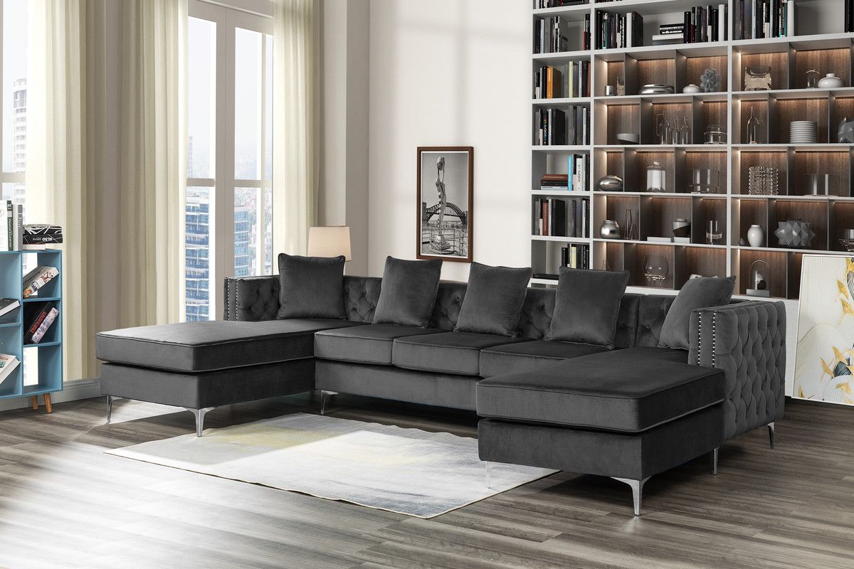 Carmon Dark Grey Velvet U-Shape Sectional