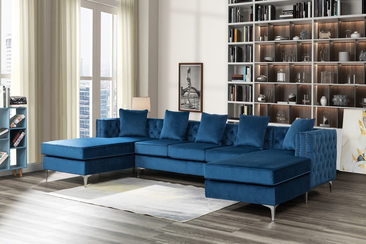 Carmon Blue Velvet U-Shape Sectional