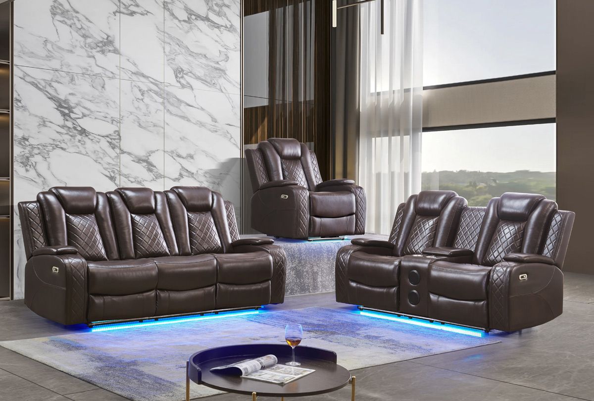 Chiron Power Recliner Sofa Set Brown Leather