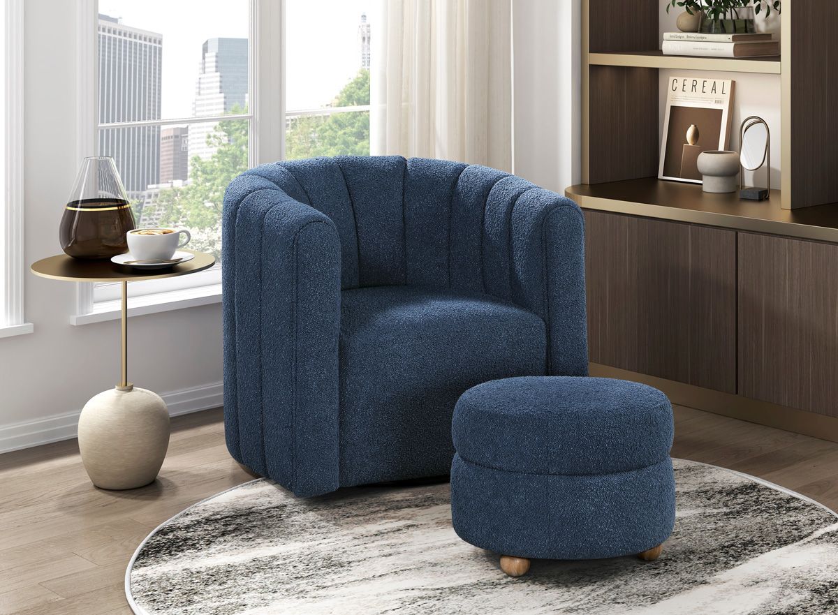 Clea Blue Boucle Swivel Chair With Ottoman