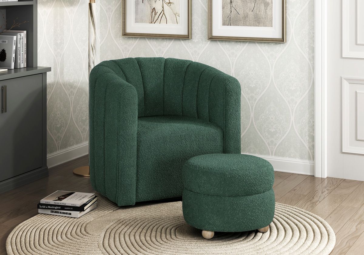 Clea Green Boucle Swivel Chair With Ottoman