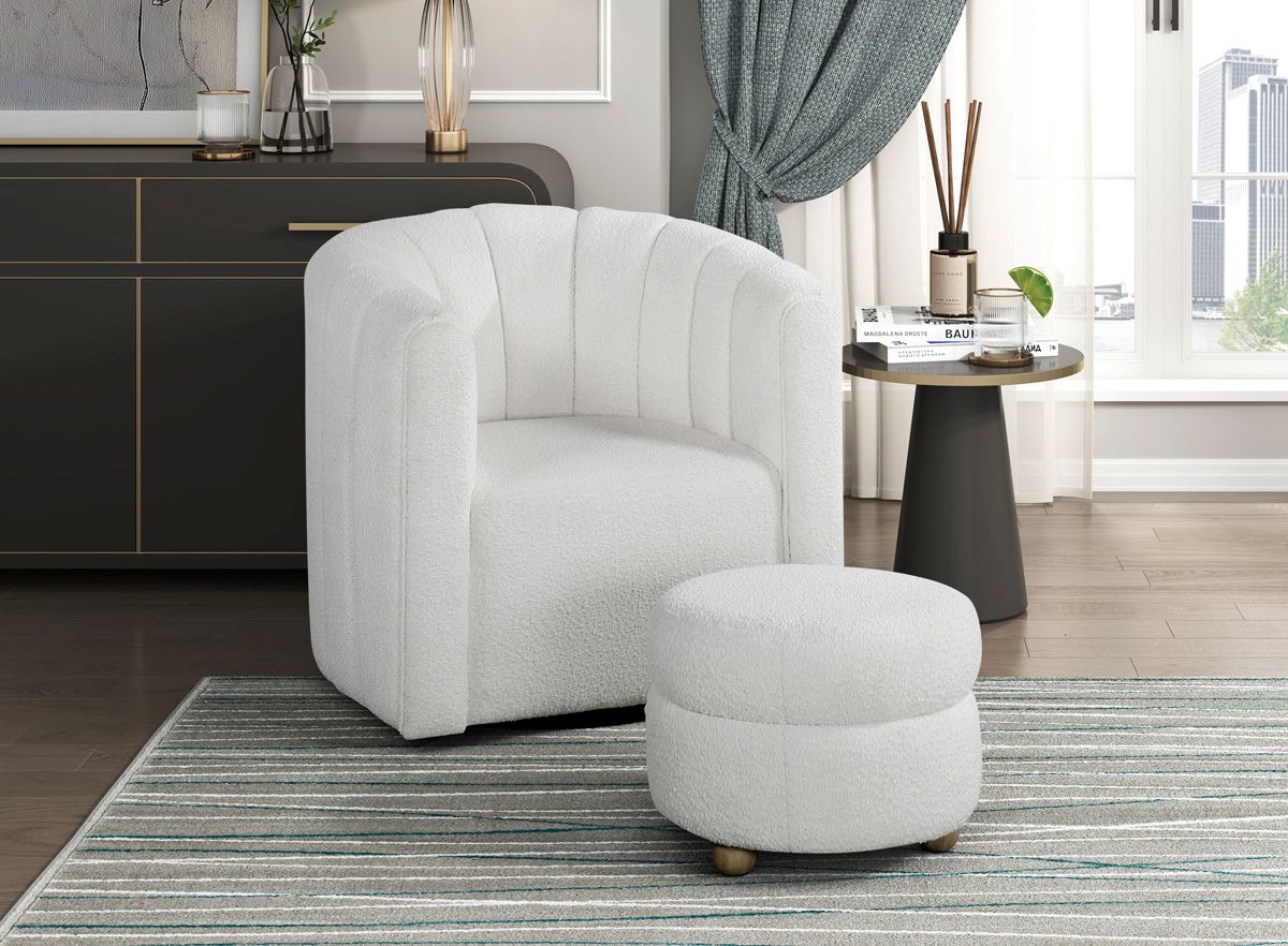 Clea White Boucle Swivel Chair With Ottoman