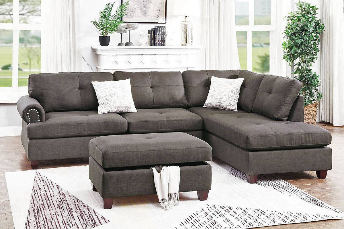 Clover Ash Black Linen Sectional With Ottoman