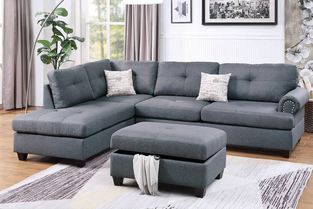 Clover Grey Linen Sectional With Storage Ottoman