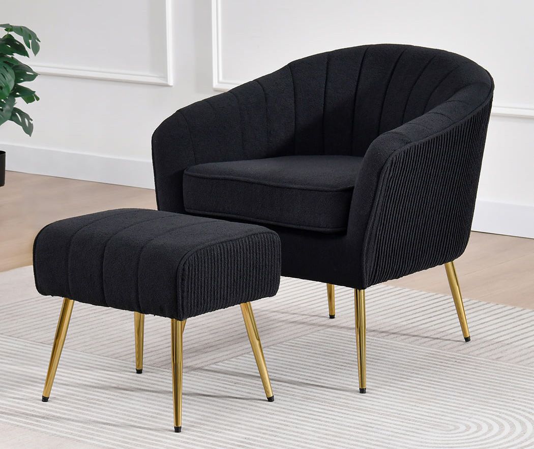 Cymone Black Boucle Accent Chair With Ottoman