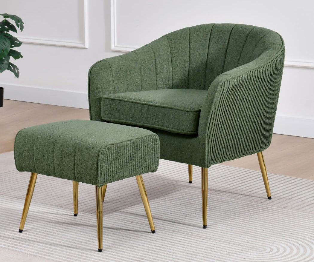 Cymone Green Boucle Accent Chair With Ottoman