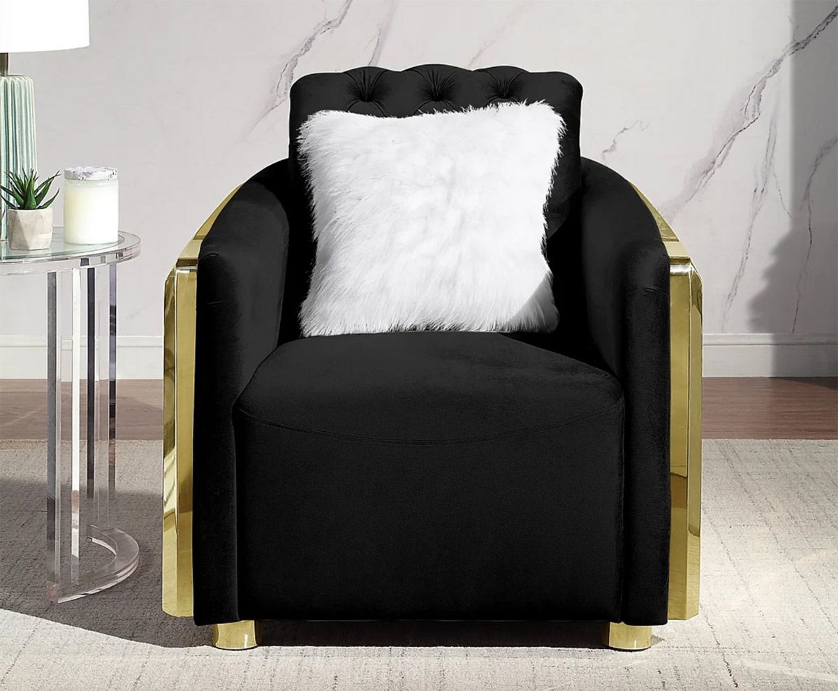 Deon Black Velvet Chair With Gold Accents