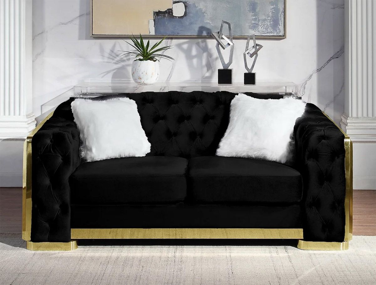 Deon Black Velvet Loveseat With Gold Accents