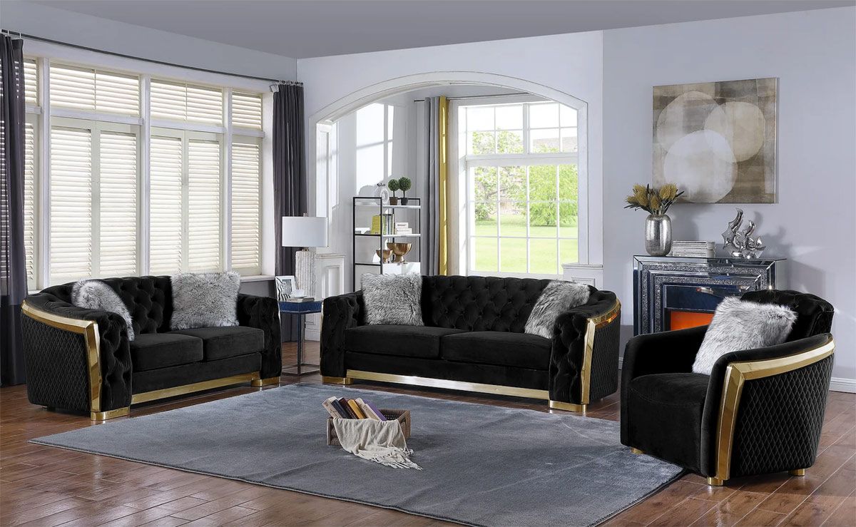 Deon Black Velvet Sofa Set With Gold Accents