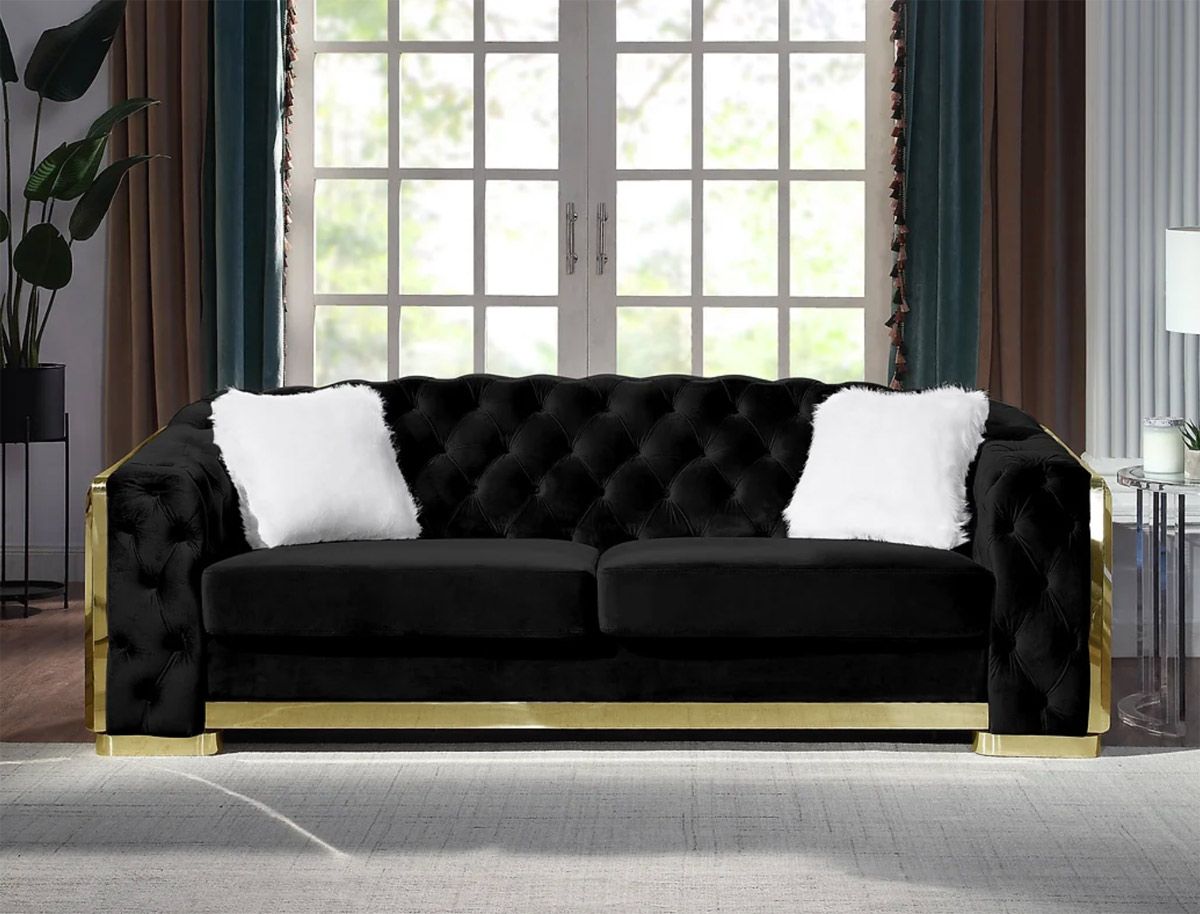 Deon Black Velvet Sofa With Gold Accents