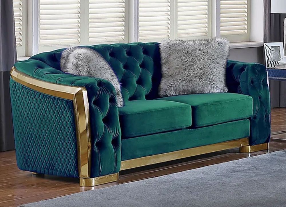 Deon Green Velvet Loveseat With Gold Accents