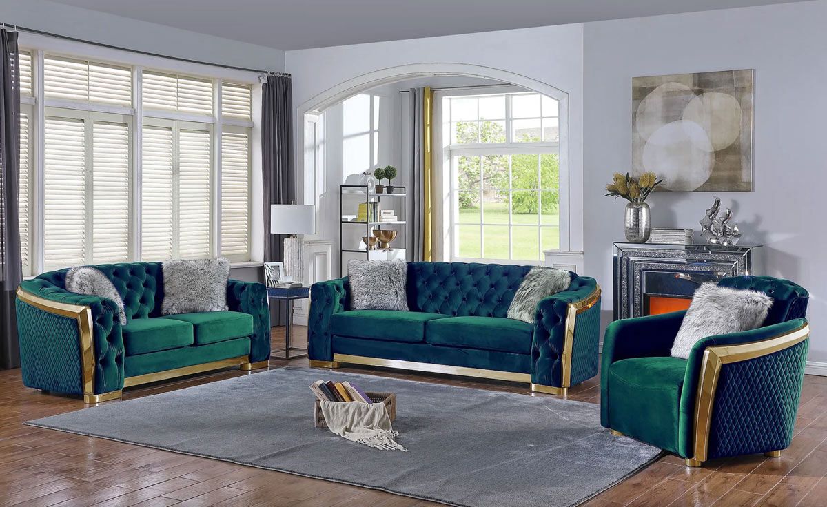 Deon Green Velvet Sofa Set With Gold Accents