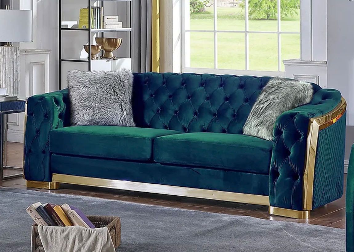 Deon Green Velvet Sofa With Gold Accents